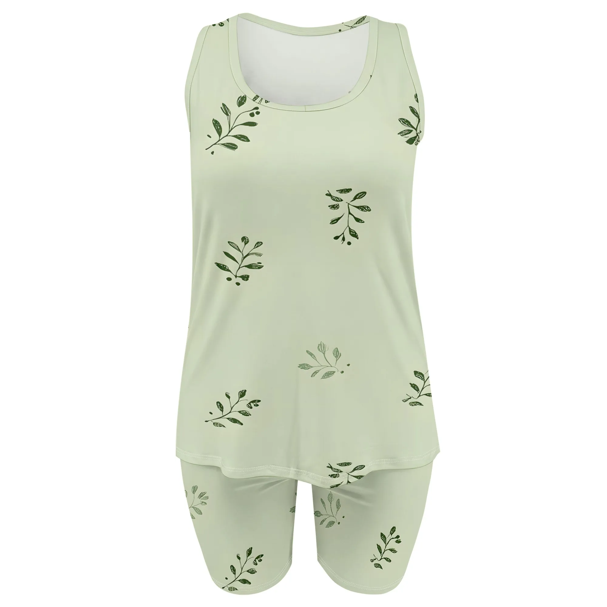 Leaf Print Tank Top and Shorts Set, Green Plant Pattern Loungewear, Summer Casual Outfit for Women, S-2XL