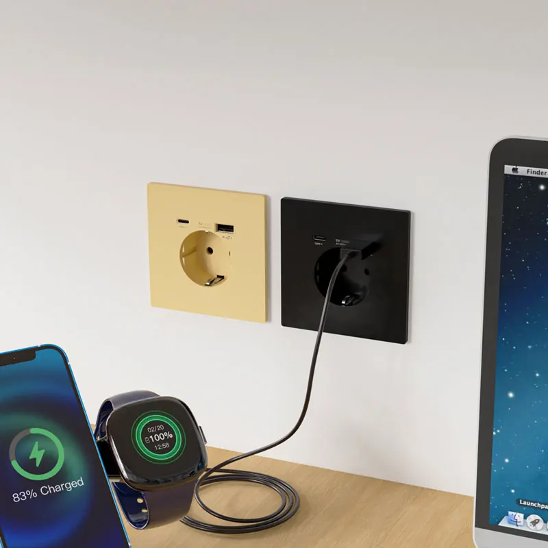 PC Tempered Glass Wall EU Socket 86 Type Concealed Ultra-Thin Flat German Socket USB type-c 5v 2.1A Power Fast Charging Socket