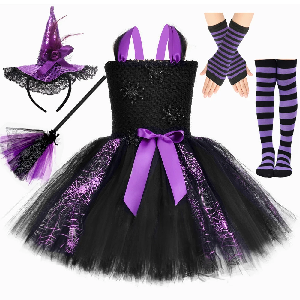 Spider Witch Costume for Girls Halloween Tutu Dress Purple Black Cobweb Witches Dress Up Outfit Baby Kids Carnival Party Clothes
