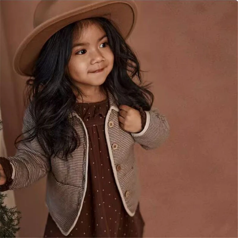 EnkeliBB Baby Girls Plaid Coat For Winter Keep Warm Toddler Jackets Peter Pan Collar Lovely Kids Winter Tops With Buttons