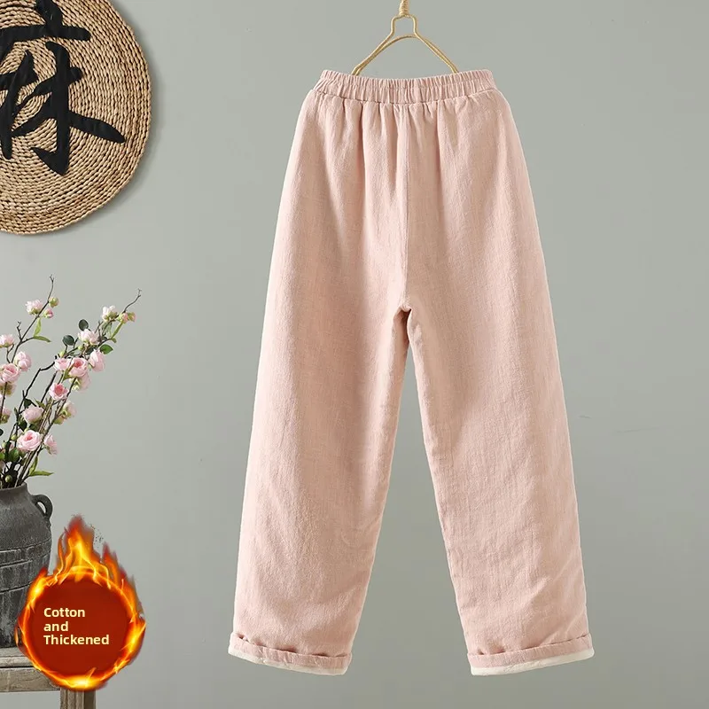 عارضة القطن الكتان مستقيم الساق السراويل رقيقة الدافئة التخسيس ملابس خارجية المرأة واسعة الساق السراويل عالية الخصر السراويل الطويلة