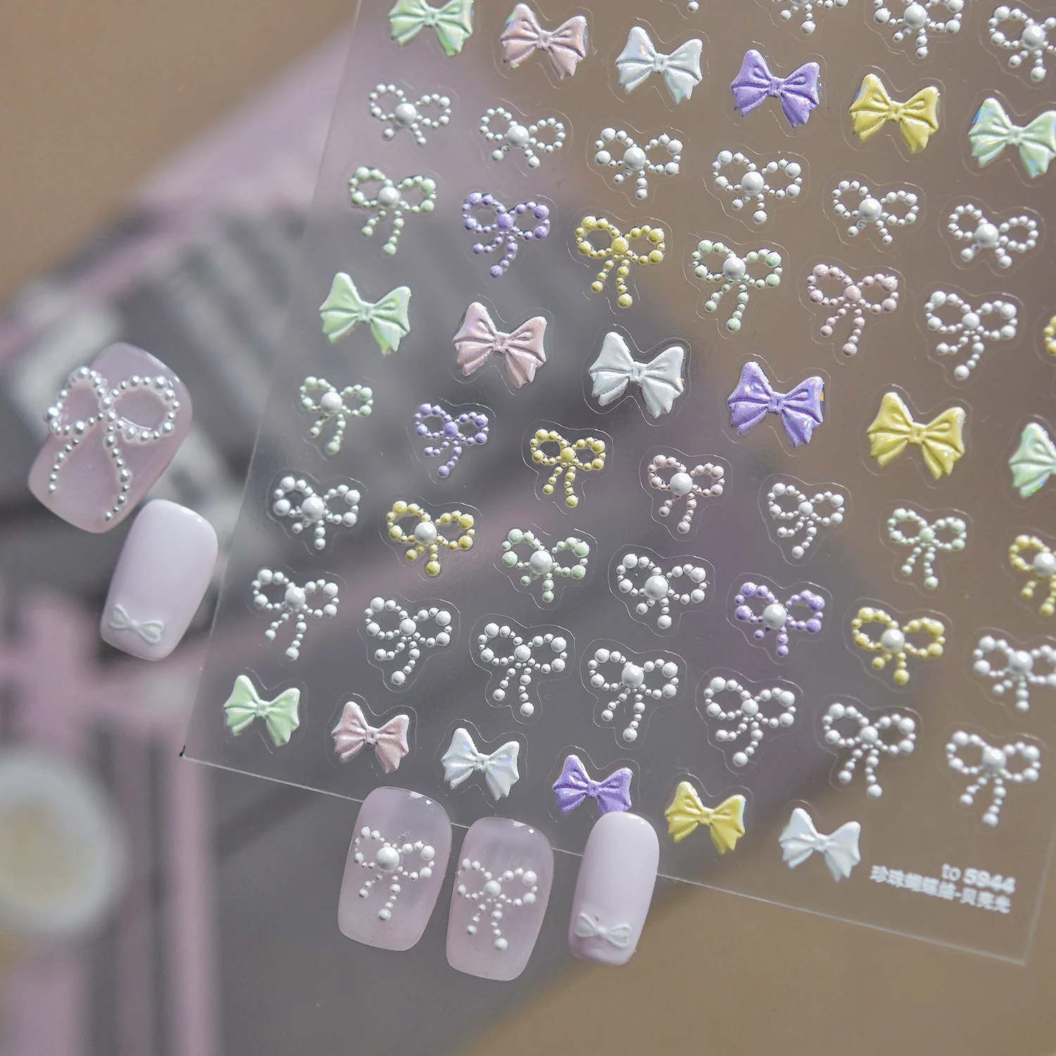 5D Macaron Color Bow French Pearl Bow Nail Decals Pearl Bow Linked Chain Nail Art Stickers Self Adhesive Romantic Accessories