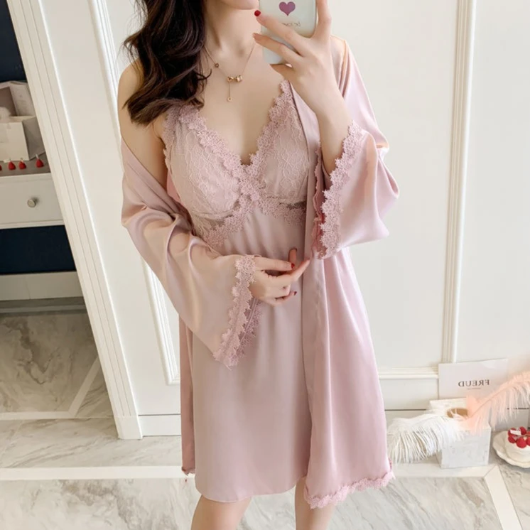 

Twinset Kimono Bathrobe Gown Suit Intimate Lingerie Womens Lace Robe Set Summer Faux Silk Sleepwear Nightwear Home Clothing
