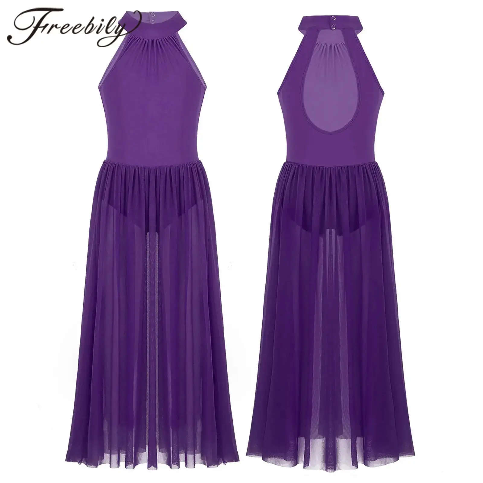 

Kids Girls Lyrical Modern Dance Dress Sleeveless Mesh Maxi Skirt Gymnastics Leotard Skating Dress Children Performance Costume