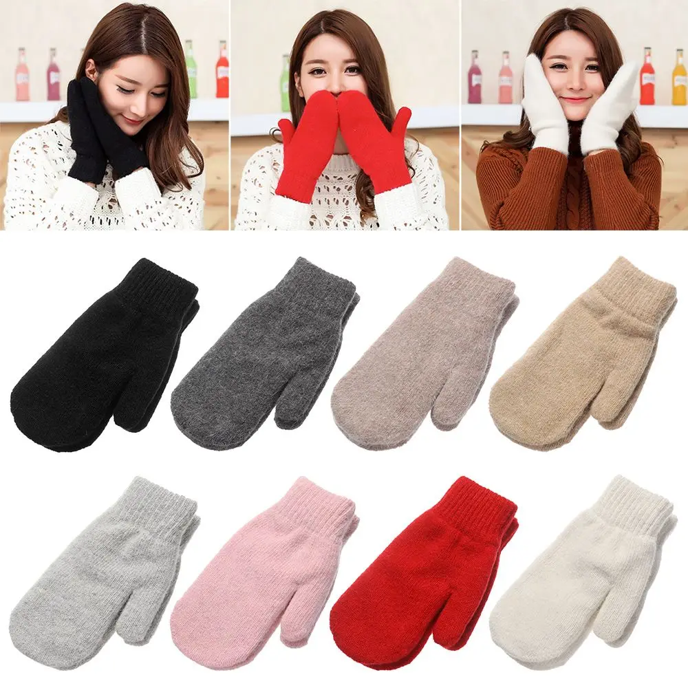 Women Girl Soft Solid Color Double Layer Rabbit Hair Mittens All Fingers Winter Gloves