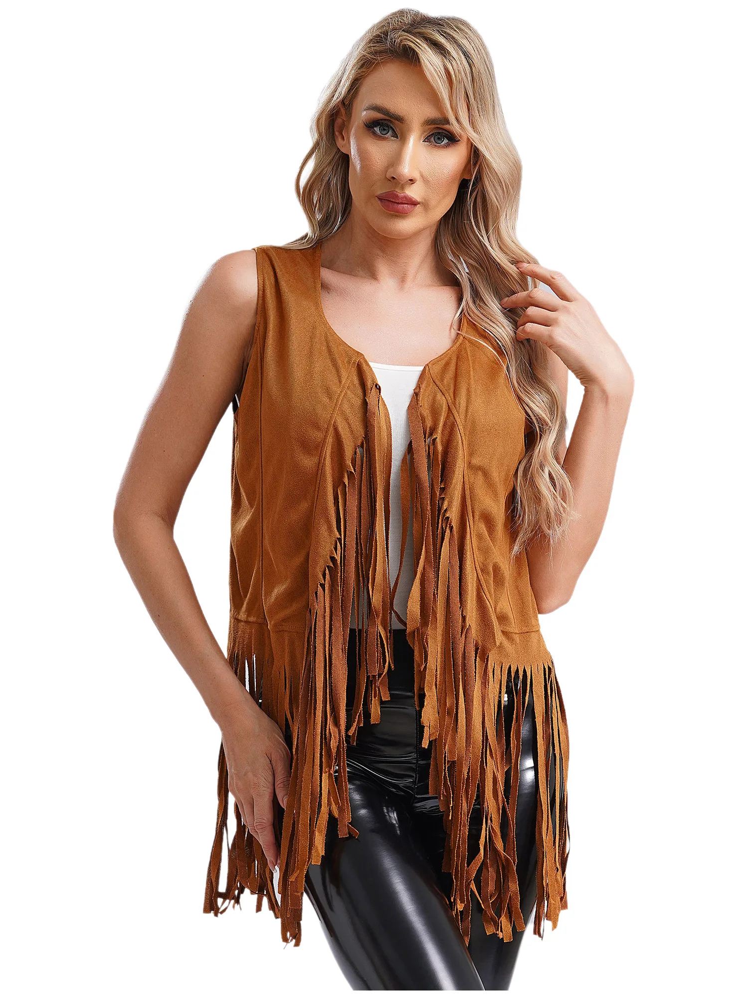 Women Vintage Gothic Western Cowgirl Fringe Vest Tops Cowboy Shirt Waistcoat Sleeveless Tassels Cardigan Jackets Cowboy Cosplay