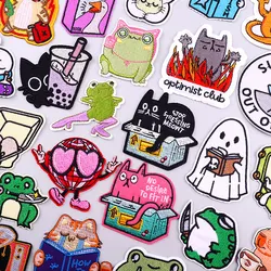 Box Cat Embroidery Patches For Clothes Confident Frog Iron On Patch For Clothing Cartoon Animal Fusible Patch Applique Ghost DIY