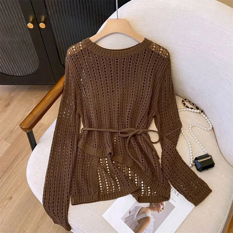 Ladies' New Spring Summer Thin Lazy Air Conditioning Blouse Senior Round Neck Irregular Crocheted Hollow Comfortable Soft Top