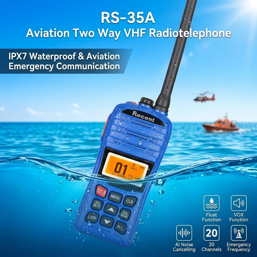 RS-35A Aviation VHF Two Way Radio IPX7 Waterproof Floatable VOX Noise Cancelling 121.5MHz Emergency Radiotelephone