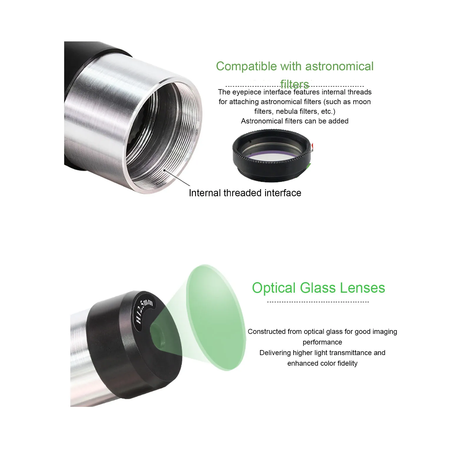 Окуляр астрономического телескопа, оптическое стекло из алюминиевого сплава, 1,25 дюйма, H12,5 мм, окуляр для аксессуаров, линза окуляра телескопа
