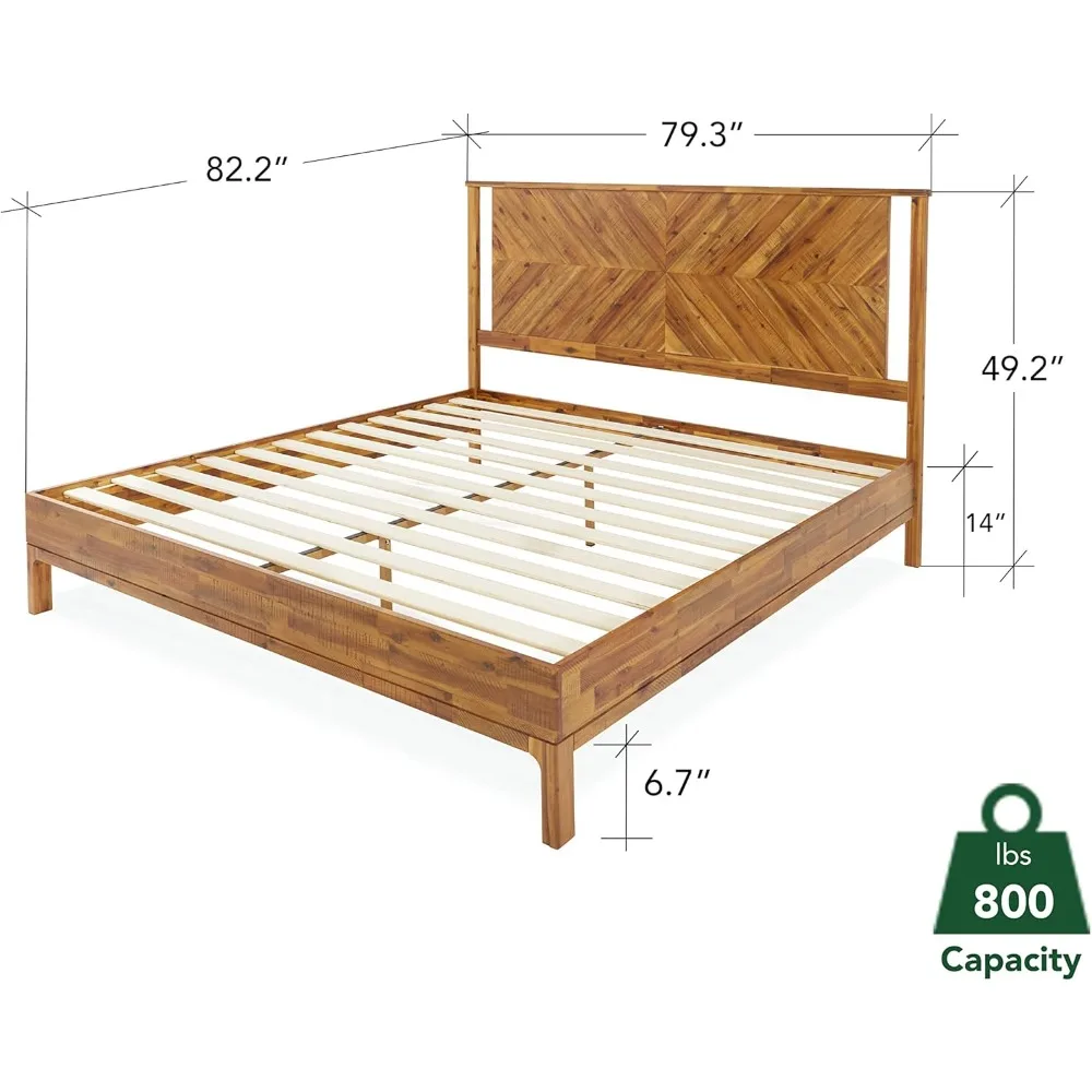 Vivian 14 Inch Deluxe Bed Frame with Headboard, Rustic & Scandinavian Style with Solid Acacia Wood, No Box Spring Needed