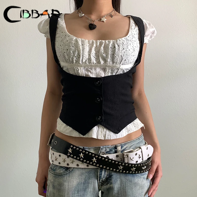 CIBBAR Black Button Up Corset Top Women Fashion Sleeveless Skinny Tank Tops Vintage y2k Streetwear Tees Harajuku 90s Girdle Vest