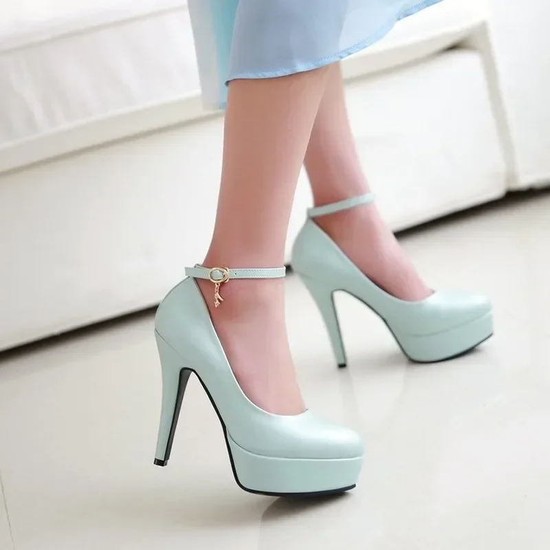 Pumps Spring and autumn new style Fashion Round head Shallow mouth Buckle Fine heel High heel Women's shoe plus size 33-43