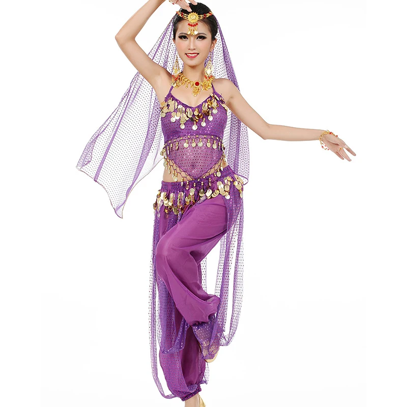 Women Ladies Bollywood Belly Dance Costumes India Arabian Stage Coins Lace-up Back Top Harem Pants Halloween Costume Cosplay