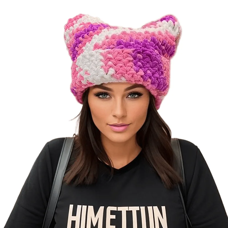 Modische Strickmütze mit Teufelshorn für Erwachsene und Damen, handgefertigte Nadelmütze aus dickem Garn, bunte Pullovermütze – Detail 2