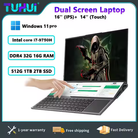 TUHUI Intel core I7-9750H Dual Screen Laptop 16 Inch Gaming Laptops 14 Inch Touch Screen 32G RAM 2TB SSD Notebook Win11 Computer