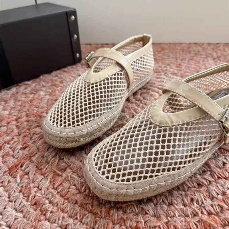 Designer Brand Original Fishing Net With Hollowed Out Fisherman's Shoes, Women's Summer Flat Weave Ballet Mary Jane Sandals