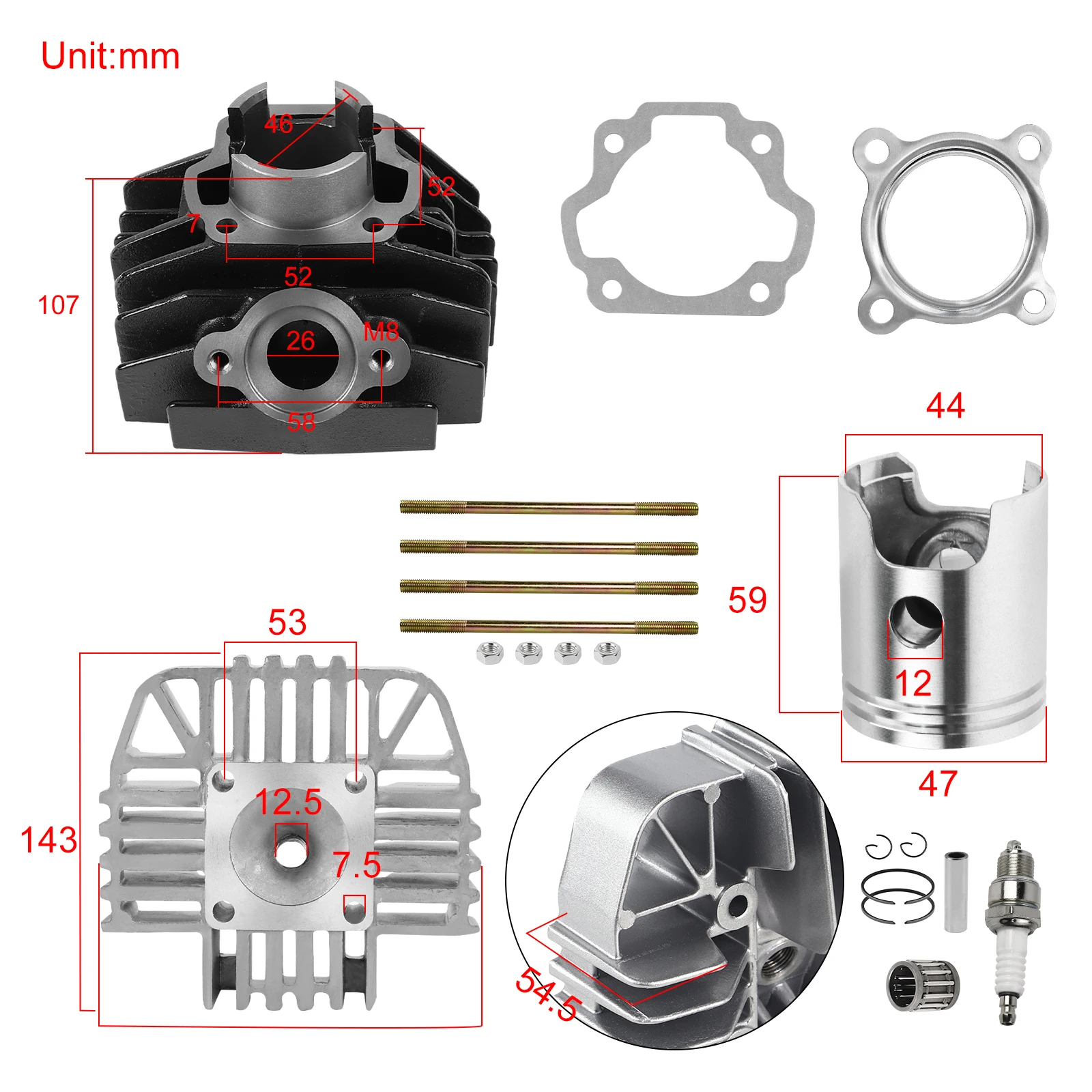 47mm Top End Cylinder Piston Rebuild Kit for Yamaha PW80 PW 80 PY80 PEEWEE80 Y-ZINGER G80T Dirt Bike