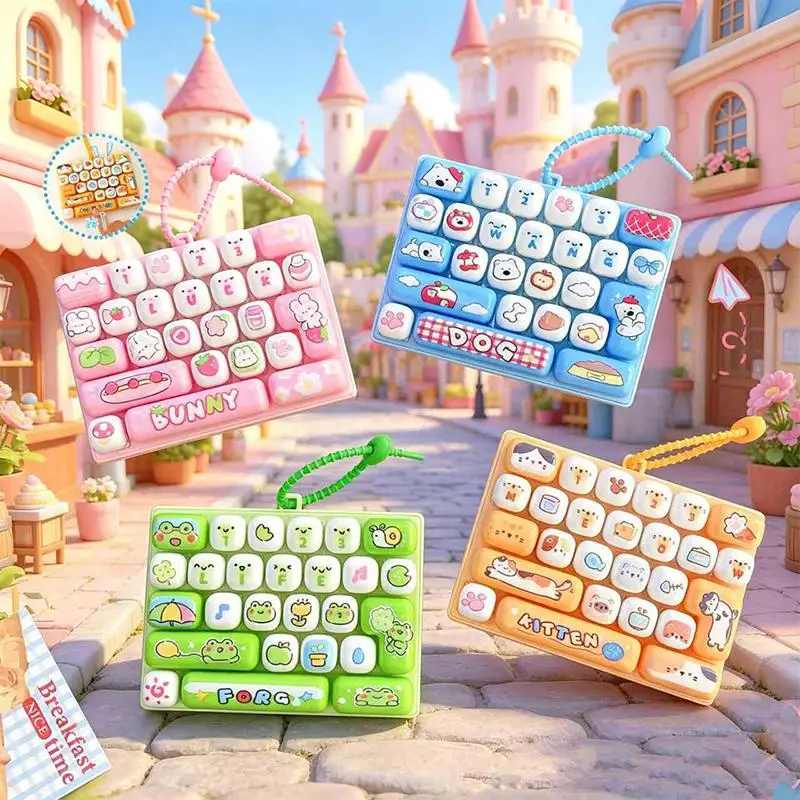 【K】26-key Cap Keychain Cute Cartoon Keyboard Clicker Backpack Pendant Fidget Keyboard Anti Stress Button Keyring Bag Charm Gift