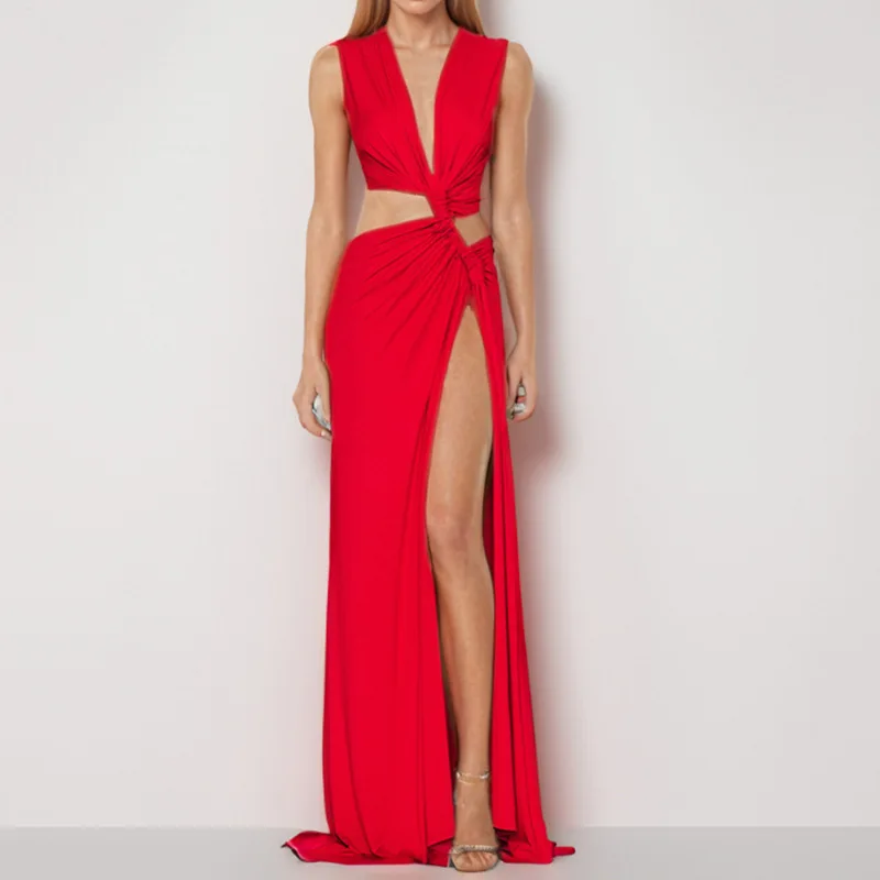 

Summer New Women's Fashion and Sexy European and American Style V-neck Hollow Slim Fit Split Sleeveless Long Dress
