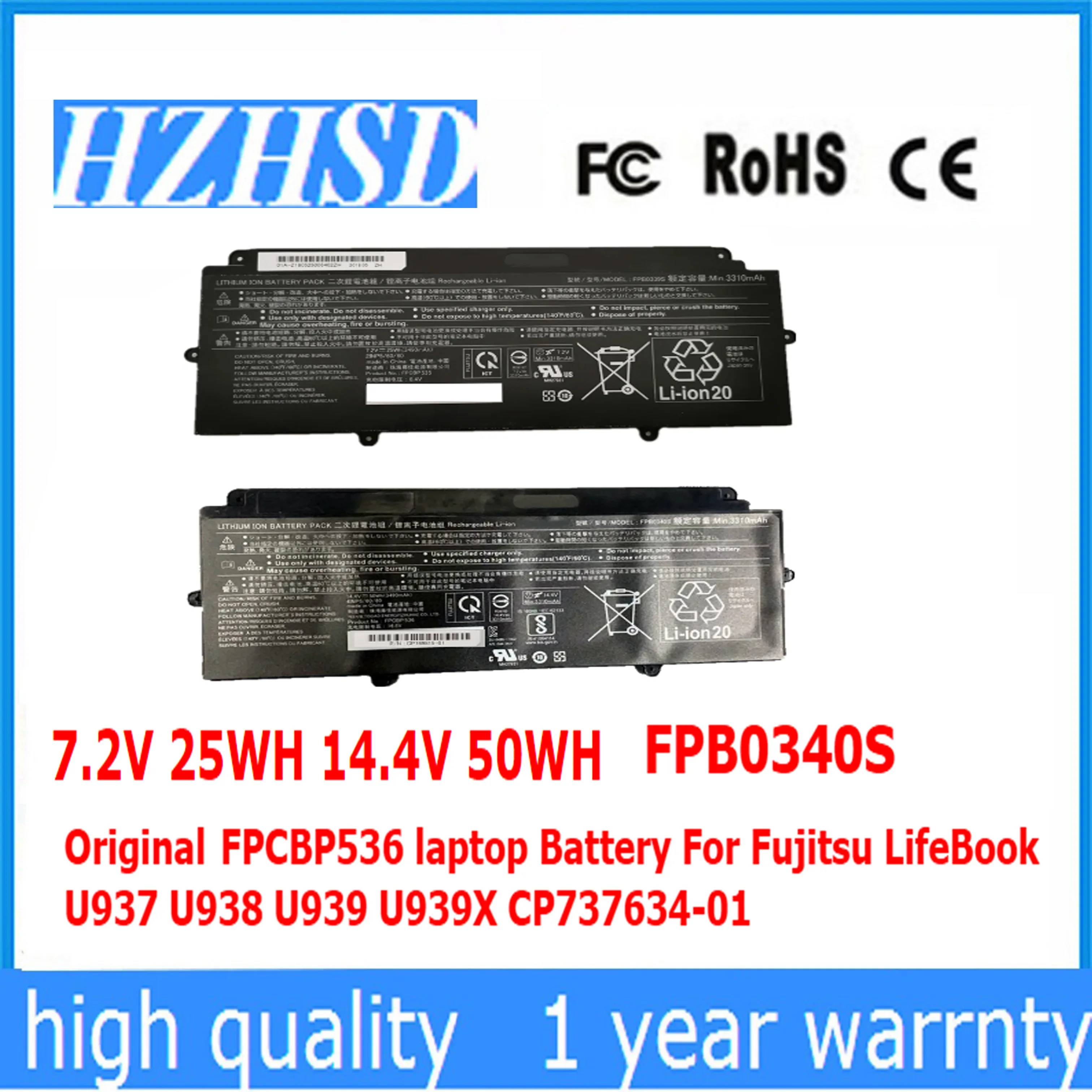 

14.4V 50WH 7.2V 25WH FPB0340S FPB0339S Original FPCBP536 Battery For Fujitsu LifeBook U937 U938 U939 U939X CP737634-01 E548