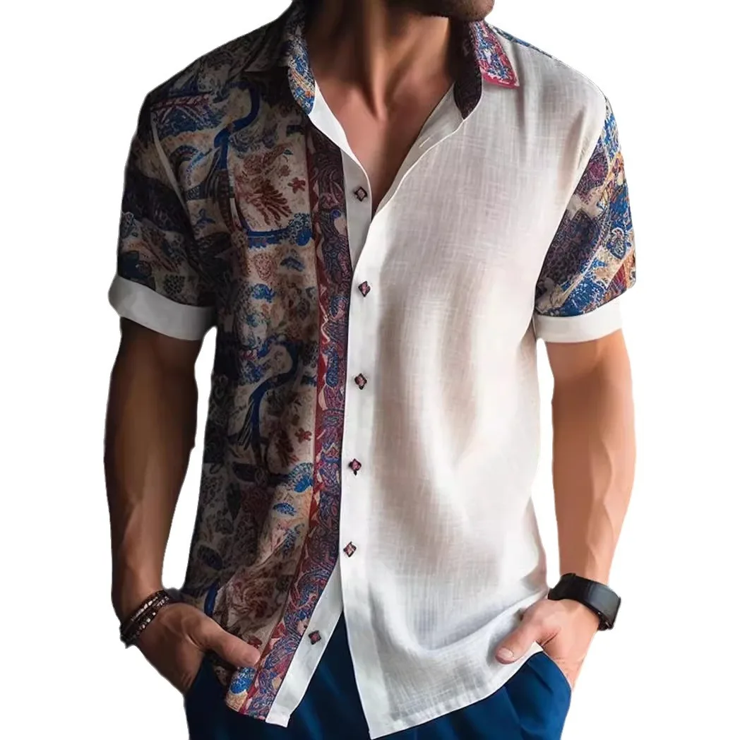 2025 New Men's Natural Print Ethnic Style 3D Printed Shirt Men's Lapel Short Sleeve Comfortable Breathable Casual Vacation Top
