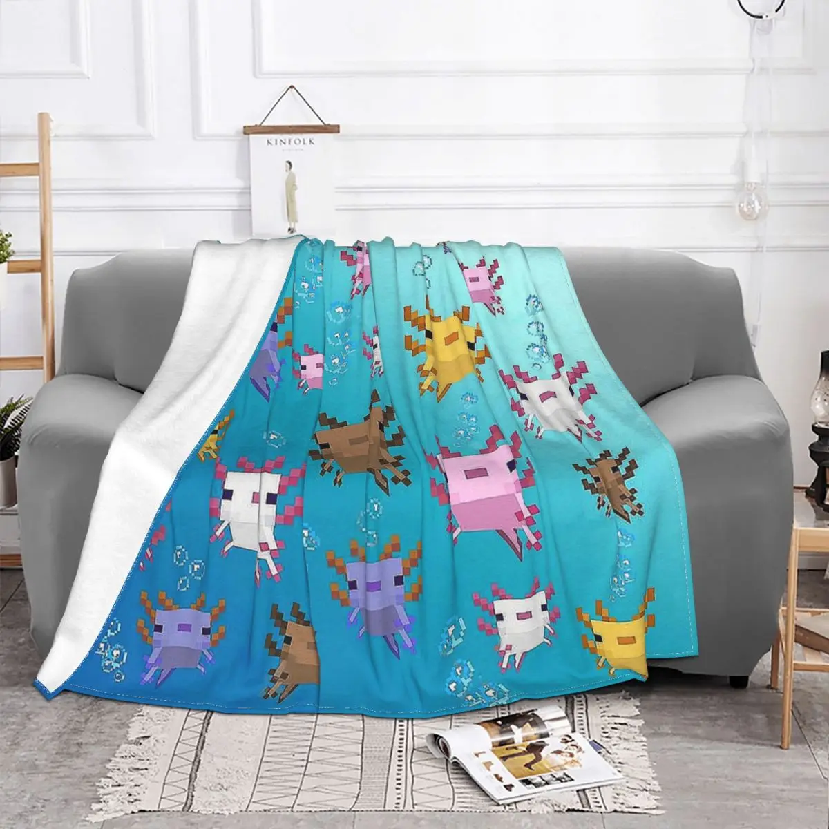 Game Blanket Flannel Spring Autumn Swimming Axolotl Warm Throws For Winter Bedding