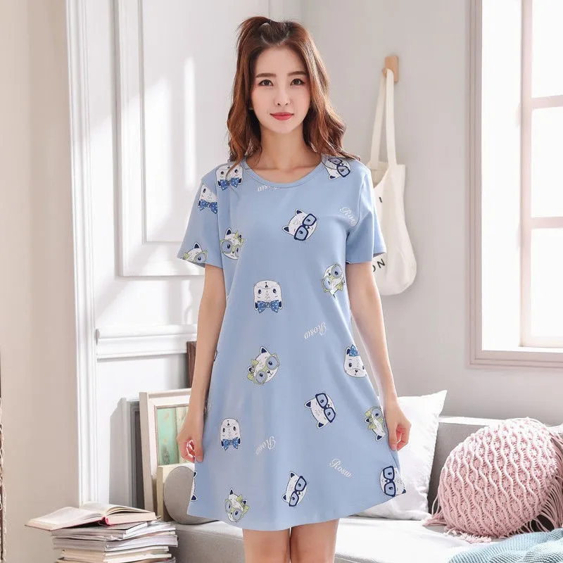 Summer Thin Comfortable Home Clothes Short Sleeve Loose Women's Nightgown Cartoon plus Size Casual Wear round Neck Pullover