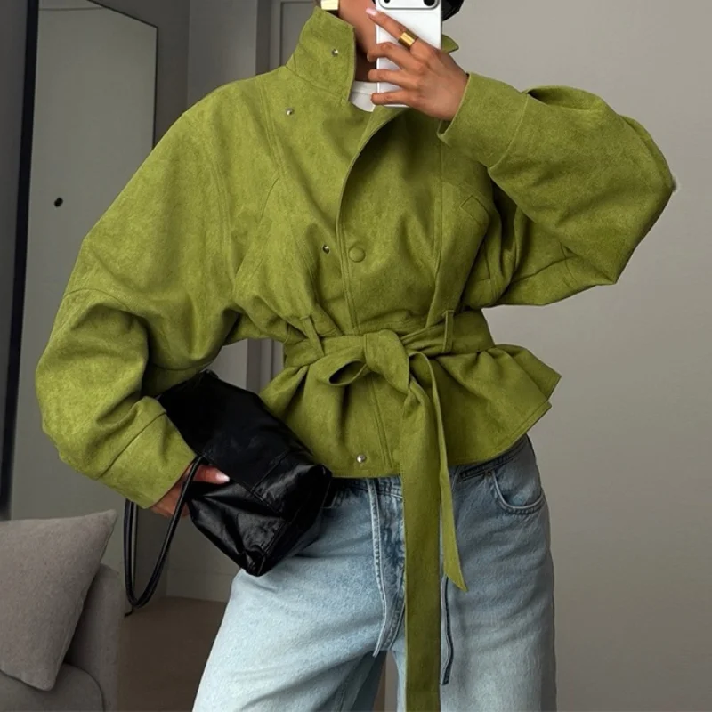 

Women's Clothing 2026 Spring New Fashion Stand-up Collar Lace-up Waist Short Small Trench Coat