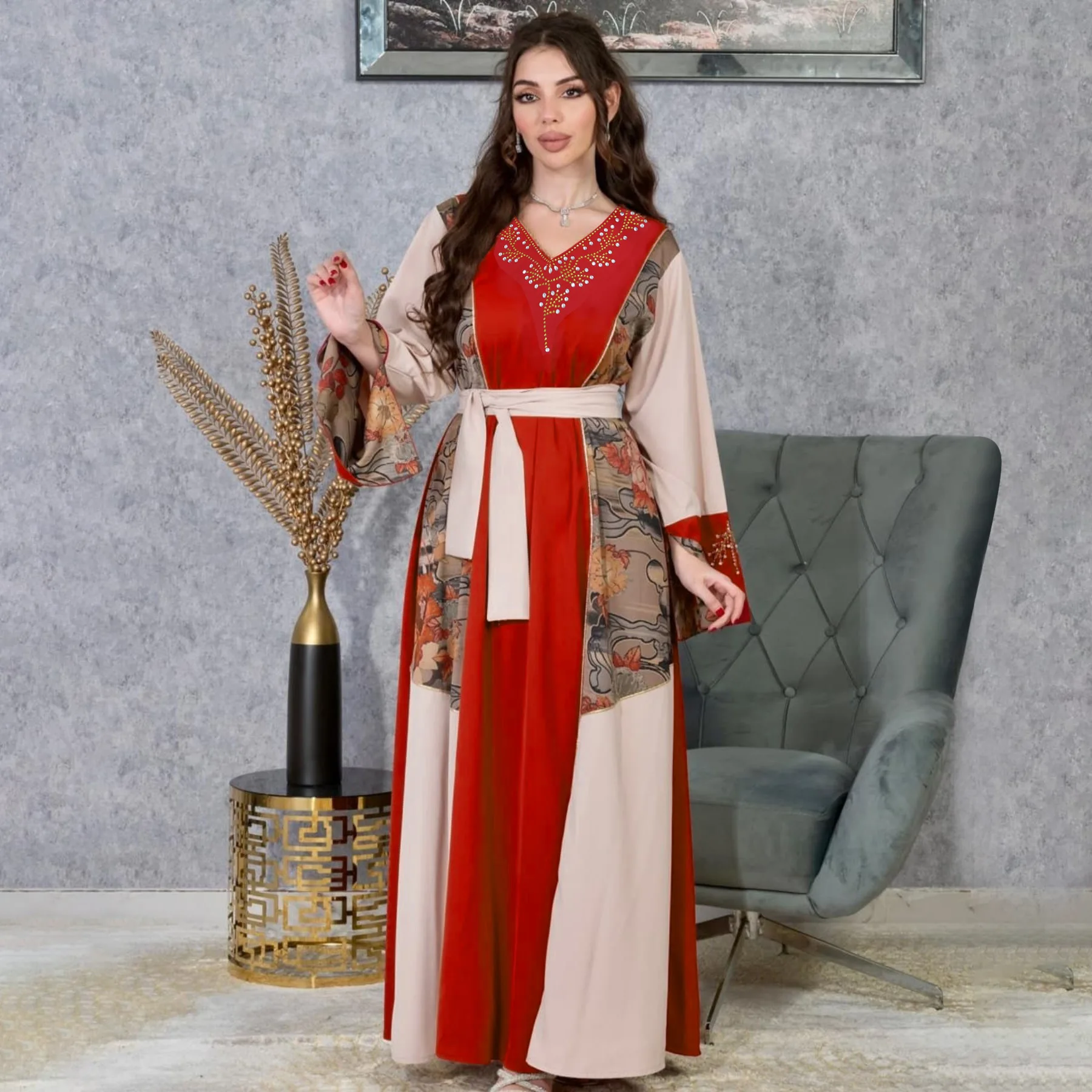 UNI 2025 Eid musulman Abaya femmes Robe de soirée col en v imprimé couleur bloquée robes longues Abayas robes Largos caftan Robe