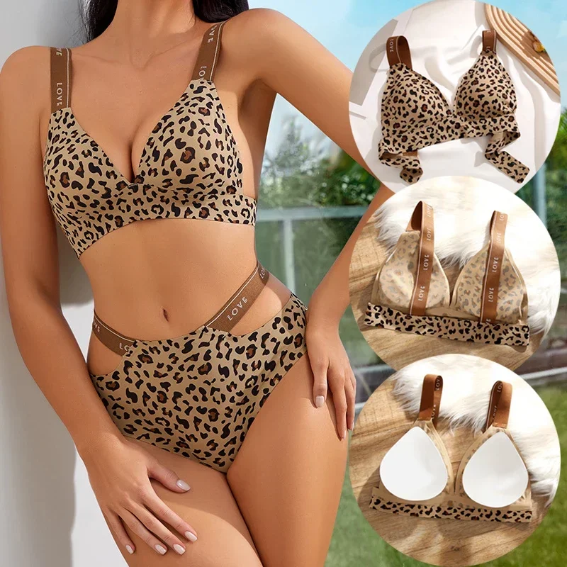 Seamless Sexy Leopard Bras Set for Women Push Up Bras Hollow Out High Elastic Waist Briefs Female Breathable Soft Underwear S-XL