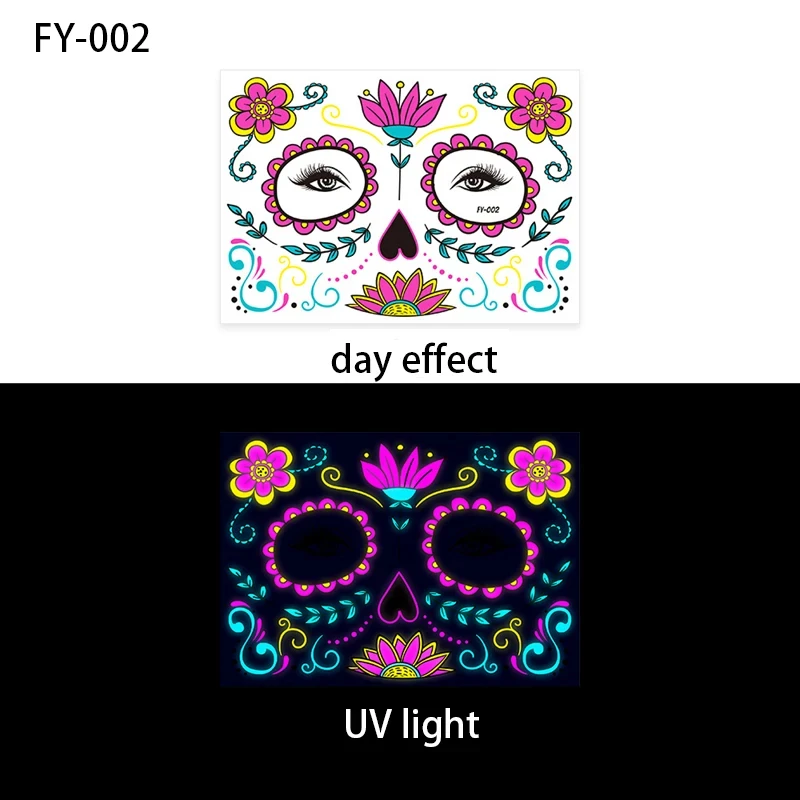 Day of the Dead Fluorescent Sticker Temporary Tattoos Waterproof Skin Tattoos for Face Party Music Concert Bar Halloween Tattoo