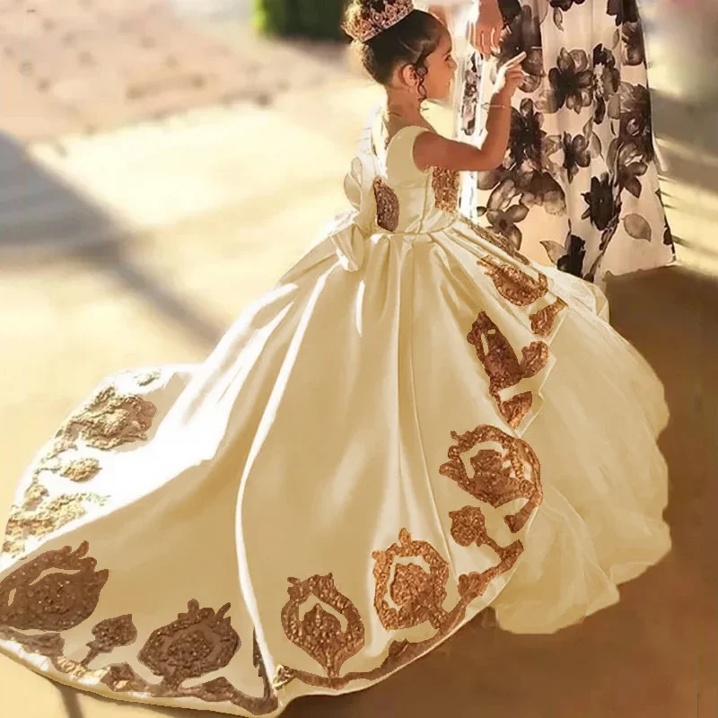 Vestidos de niña de flores para bodas, niños pequeños, Apliques de encaje dorado, vestido de desfile de princesa, vestidos de noche de fiesta de satén con lazo