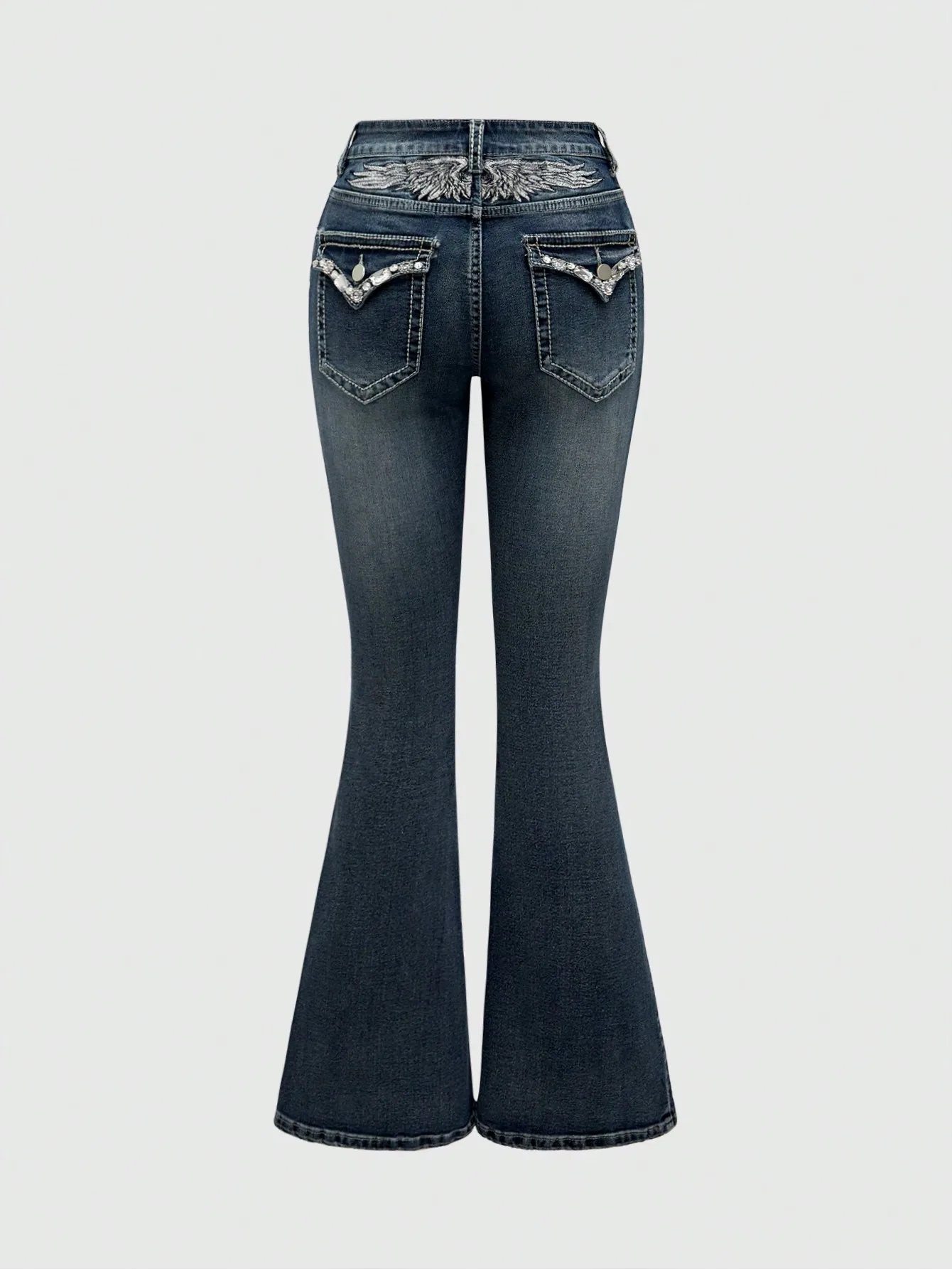 

Женские джинсы с низкой посадкой, расклешенные, с вышивкой в виде крыльев из страз и эффектом потертости (деним)