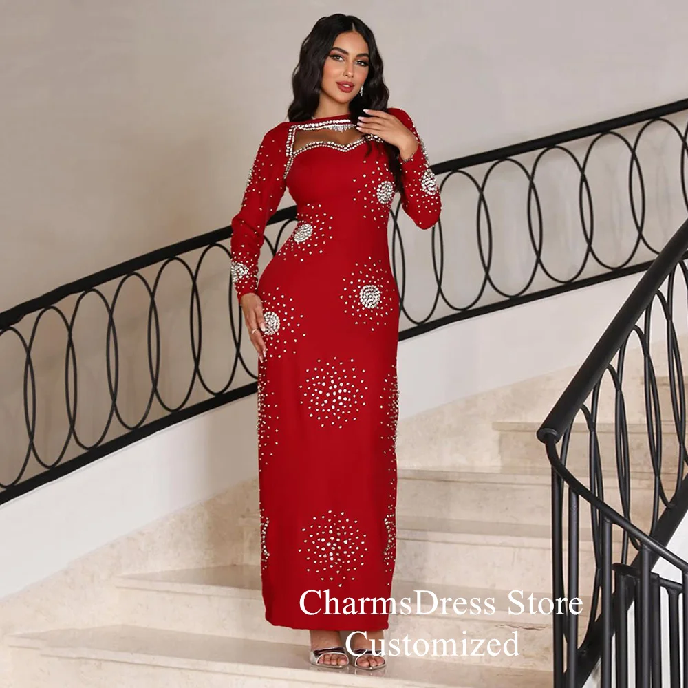 Customized Red Eening Dress Long Sleeves Boat Neck Heavy Beading Crystal Anke Length Arabian Prom Gown Saud Party Dresses