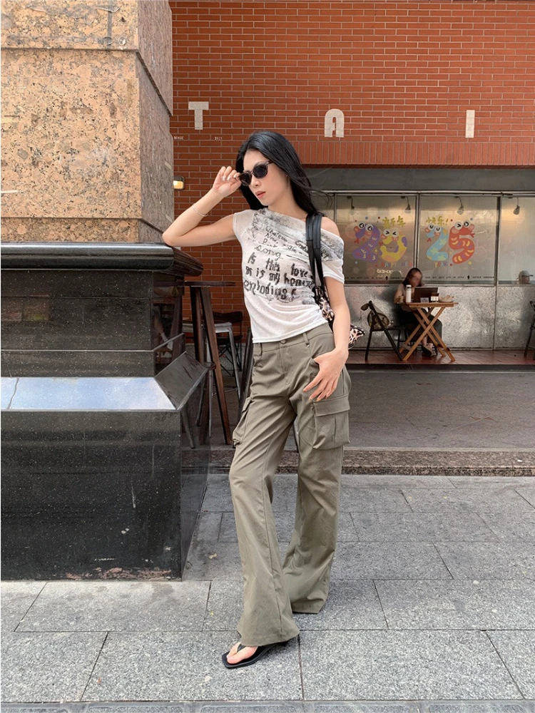 American Retro Cargo Workwear Pants Flared Hem Pants Women Y2k Multi Pocket Pants Wide Leg Casual Denim Trousers Streetwear 2025