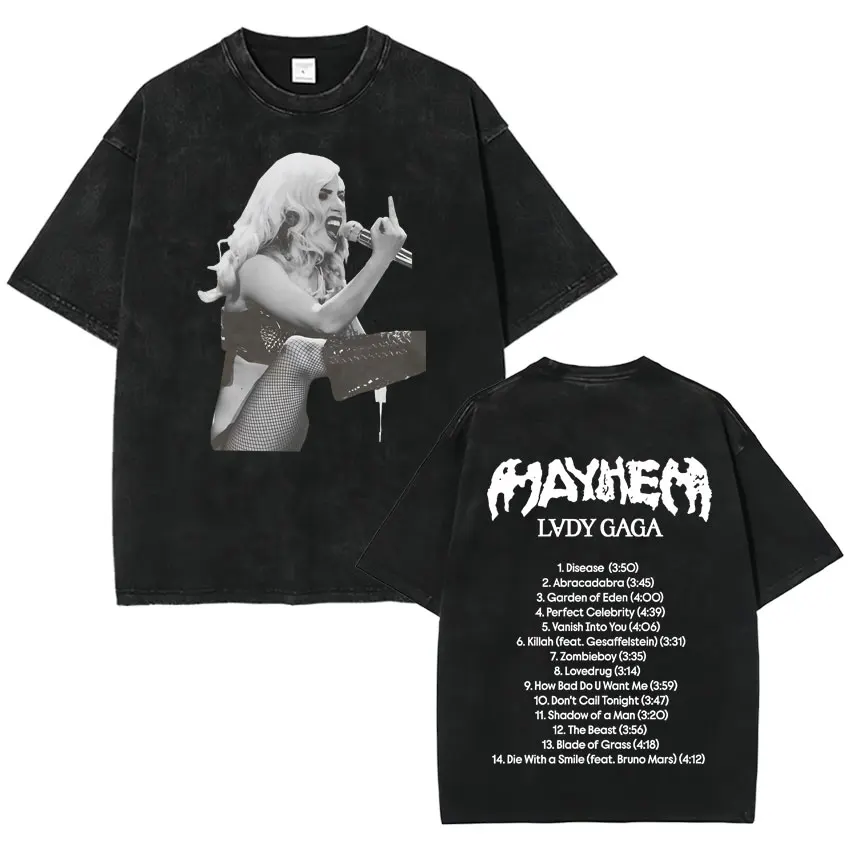 

2025 Harajuku Vintage Washed Singer Lady Gaga The Mayhem Ball Tour T Shirt Gothic Pop Men/Women Oversized Tide Unisex Streetwear