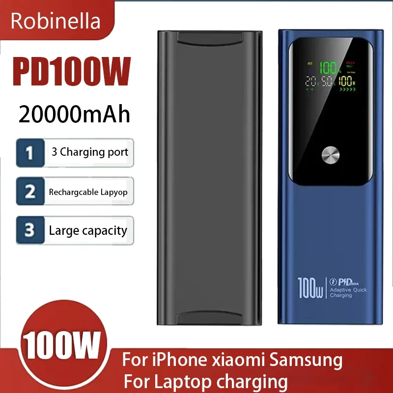 New PD100W Fast Charging Power Bank 20000mAh High Capacity Portable Charger External Spare Battery Laptop Powerbank for IPhone