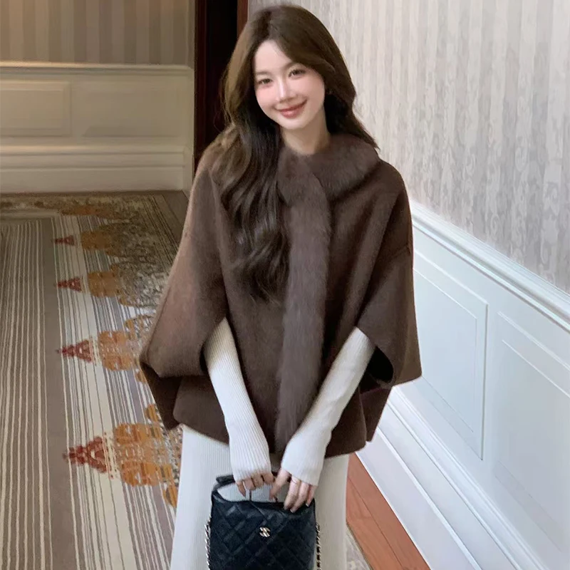 Korea Style Hand Make Loose Women Lady Autumn Woolen Cape Oversize Real Fox Fur Collar Woolen Cloak Coat