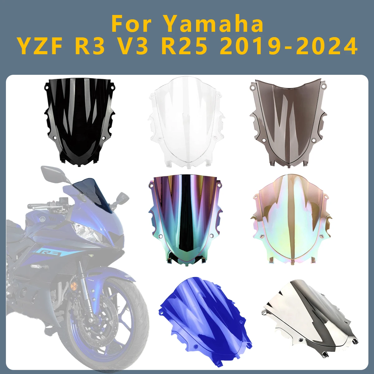 

Motorcycle Front Windshield Windscreen Wind Deflector Windshield Double Bubble For Yamaha YZF R3 V3 R25 2019-2024 YZF-R3 YZF-R25