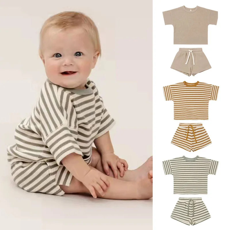 Baby Set 2024 Summer Nordic Style Short Sleeve Shorts Waffle Collar Striped Two-piece Set for Baby Boys and Girls