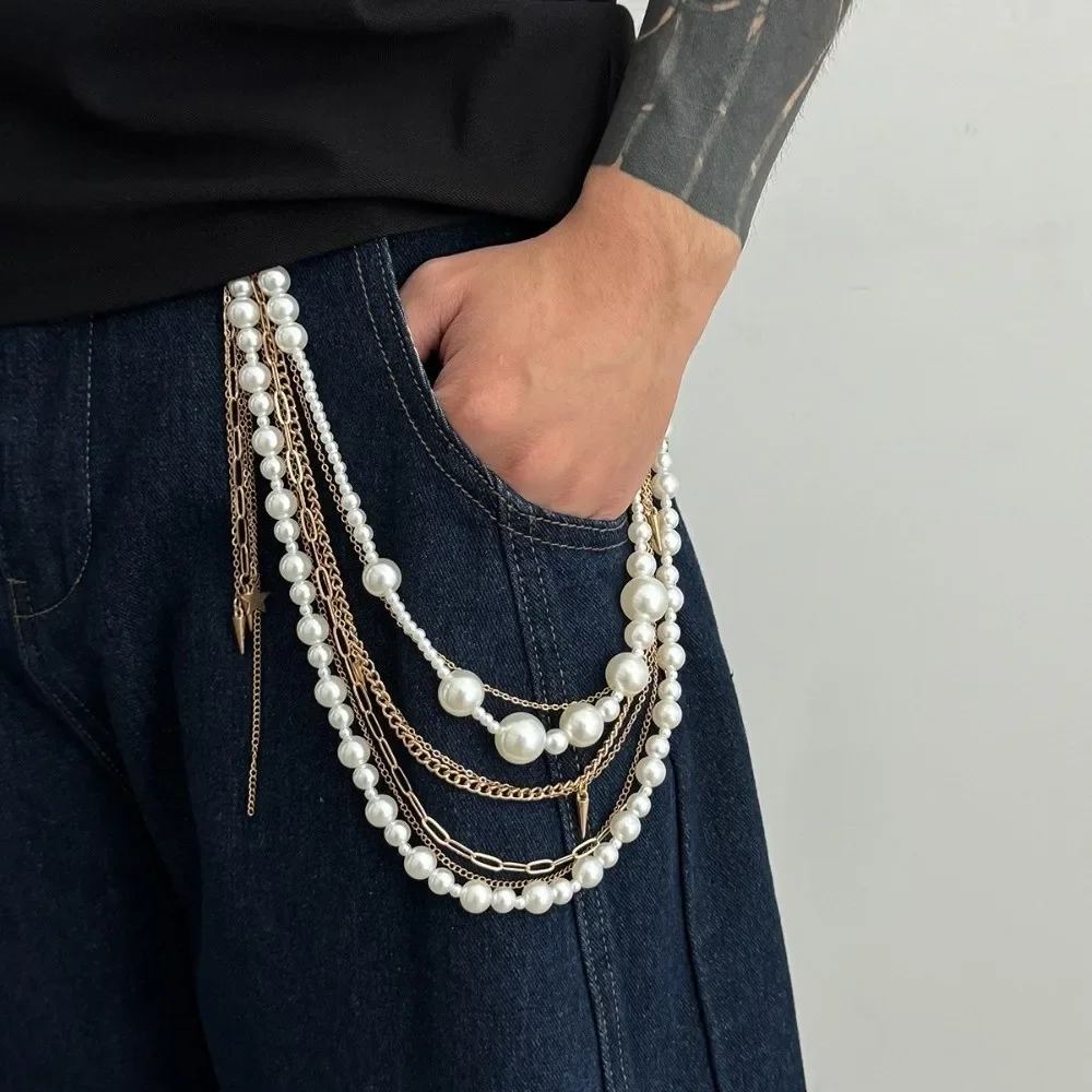 الفاخرة تقليد اللؤلؤ السراويل المفاتيح شرابة محفظة الجينز اللؤلؤ المعادن الشرير سلسلة مجوهرات اكسسوارات الهيب هوب الخصر مفتاح سلسلة