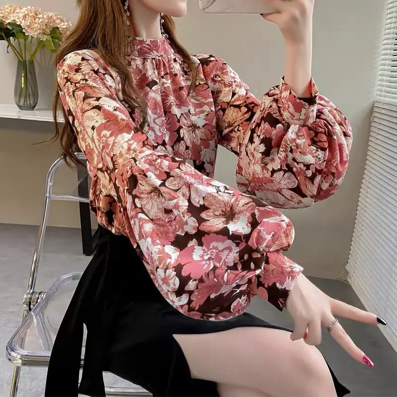 Korean All-match Women\'s Floral Printed Lantern Sleeve Blouse Spring Autumn Female Clothing Loose Fashion Stand Collar Shirt