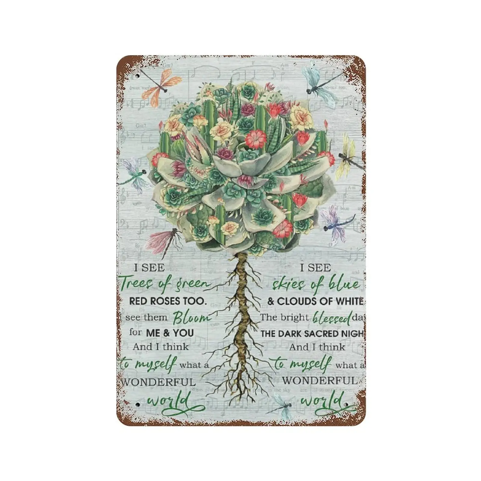 Vintage Metal Tin Sign Plaque,Succulent Plant and Dragonfly Wonderful World Tin Sign,Man cave Pub Club Cafe Home Decor Plate，Bir
