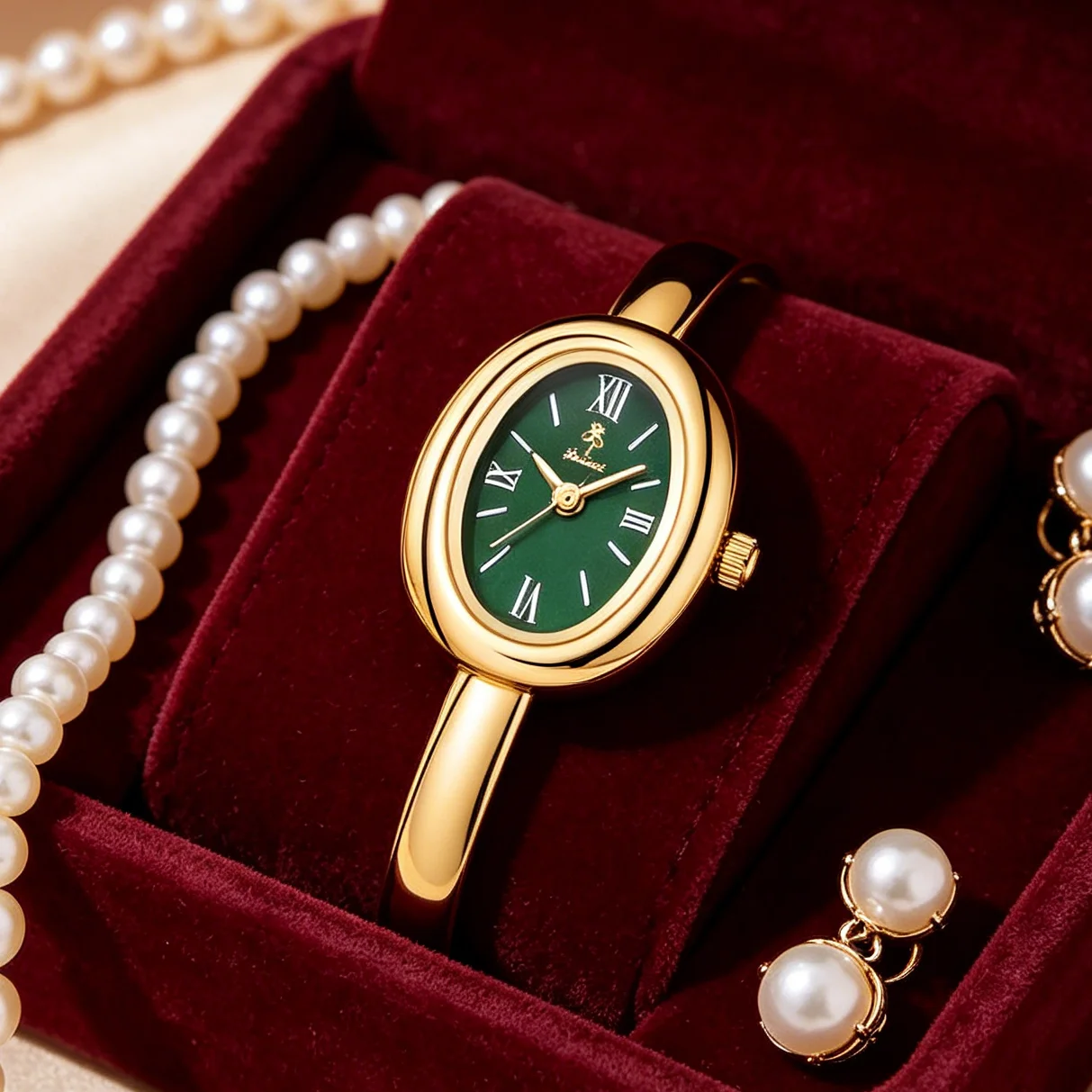 

YaLaLuSi Vintage Green Oval Dial Gold Bangle Watch Elegant Retro Roman Numeral Ladies Quartz Wristwatch Luxury Women Gift
