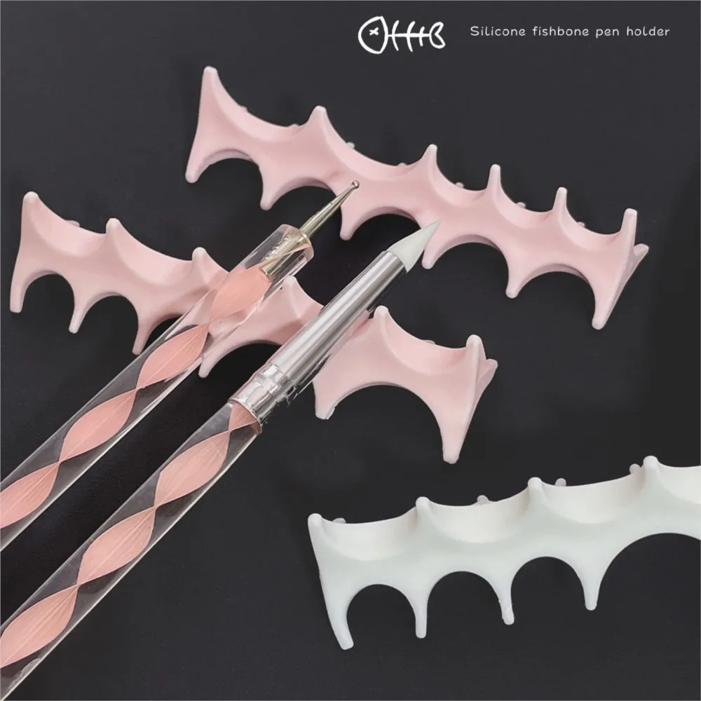 

1pcs Black White Pink Fish Bones Shape Nail Pen Holder Non-slip Soft Silicone Brush Rack UV Gel Brush Painting Pen Rest Display