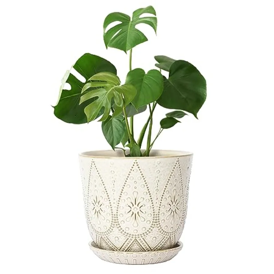 

10 Inch Indoor and Outdoor Plant Pot, Creamy White Ceramic Planter with Drainage Holes and Saucers for Plants