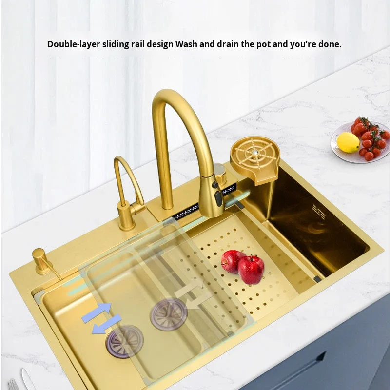 Luxury Golden Rain 304 Stainless Steel Large Single Sink Household Kitchen Sink Set Washing and Cutting Vegetable Basin