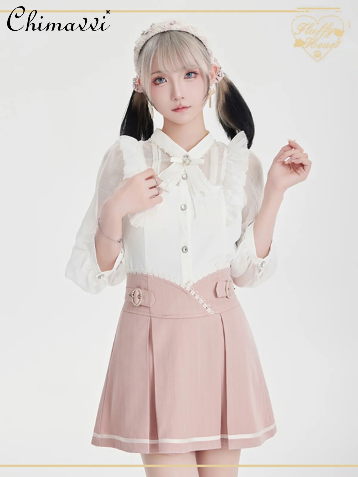 Japanese Style Chiffon Blouse New Summer Ladies Semi-Transparent Girlish Rhinestone 3/4 Sleeve Sweet Shirt Elegant Lolita Tops