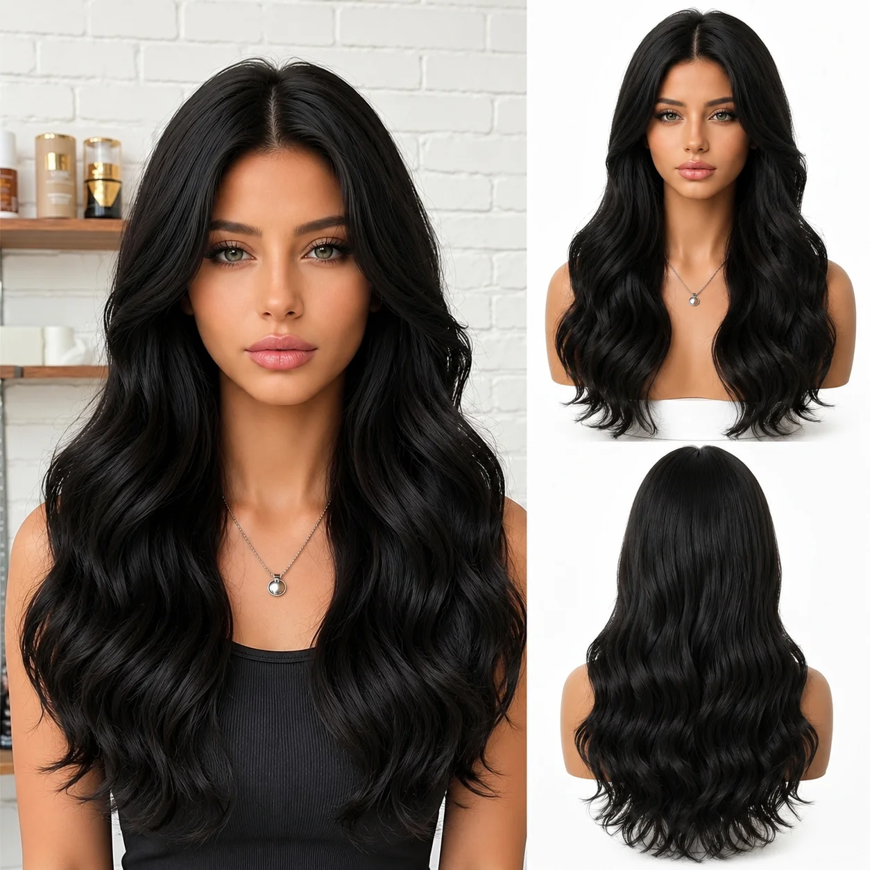 26-Inch natural black long water ripple wig, for women's daily wear party character styling, medium layered long curly hair